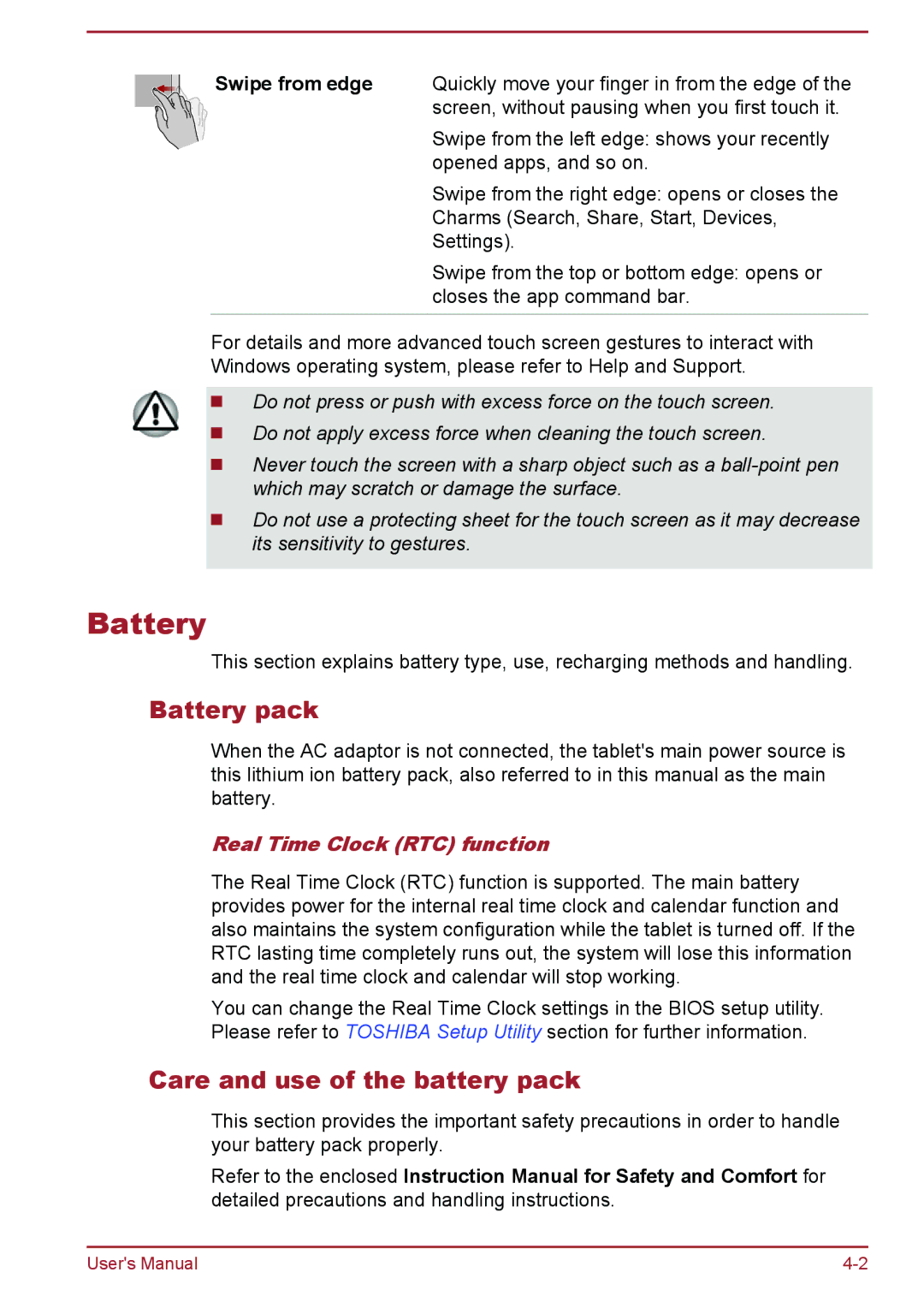 Toshiba WT8-A Series user manual Battery pack, Care and use of the battery pack, Real Time Clock RTC function 