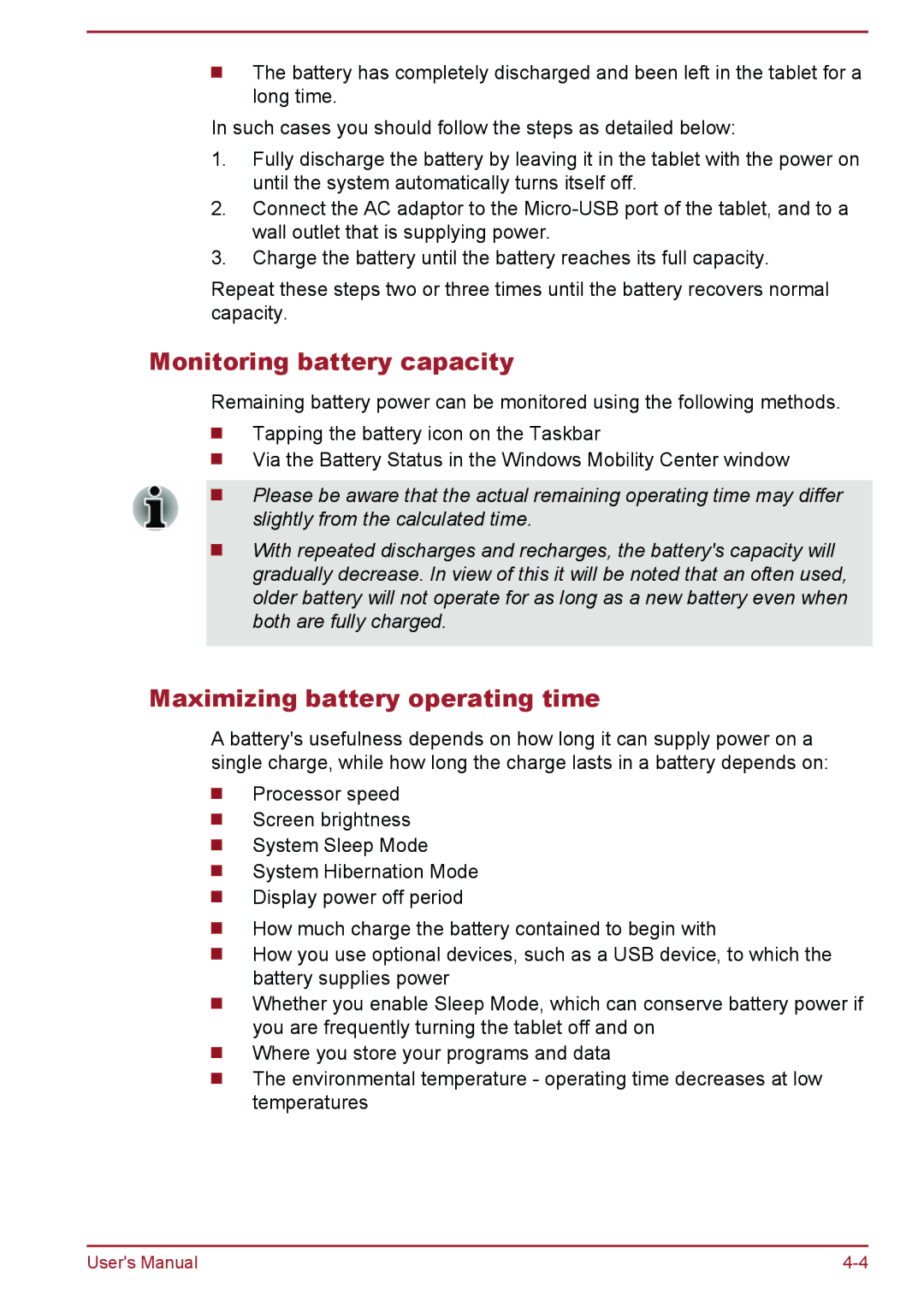 Toshiba WT8-A Series user manual Monitoring battery capacity, Maximizing battery operating time 