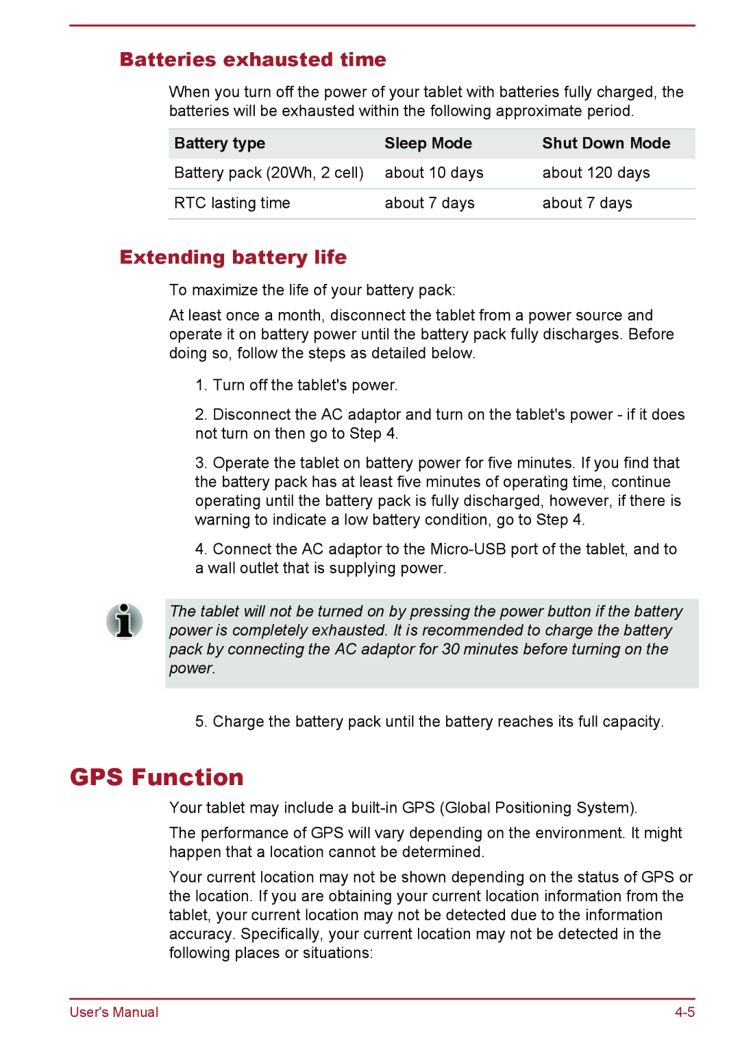 Toshiba WT8-A Series user manual GPS Function, Batteries exhausted time, Extending battery life 