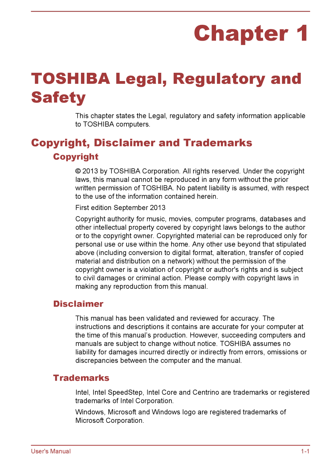 Toshiba WT8-A Series user manual Toshiba Legal, Regulatory and Safety, Copyright, Disclaimer and Trademarks 