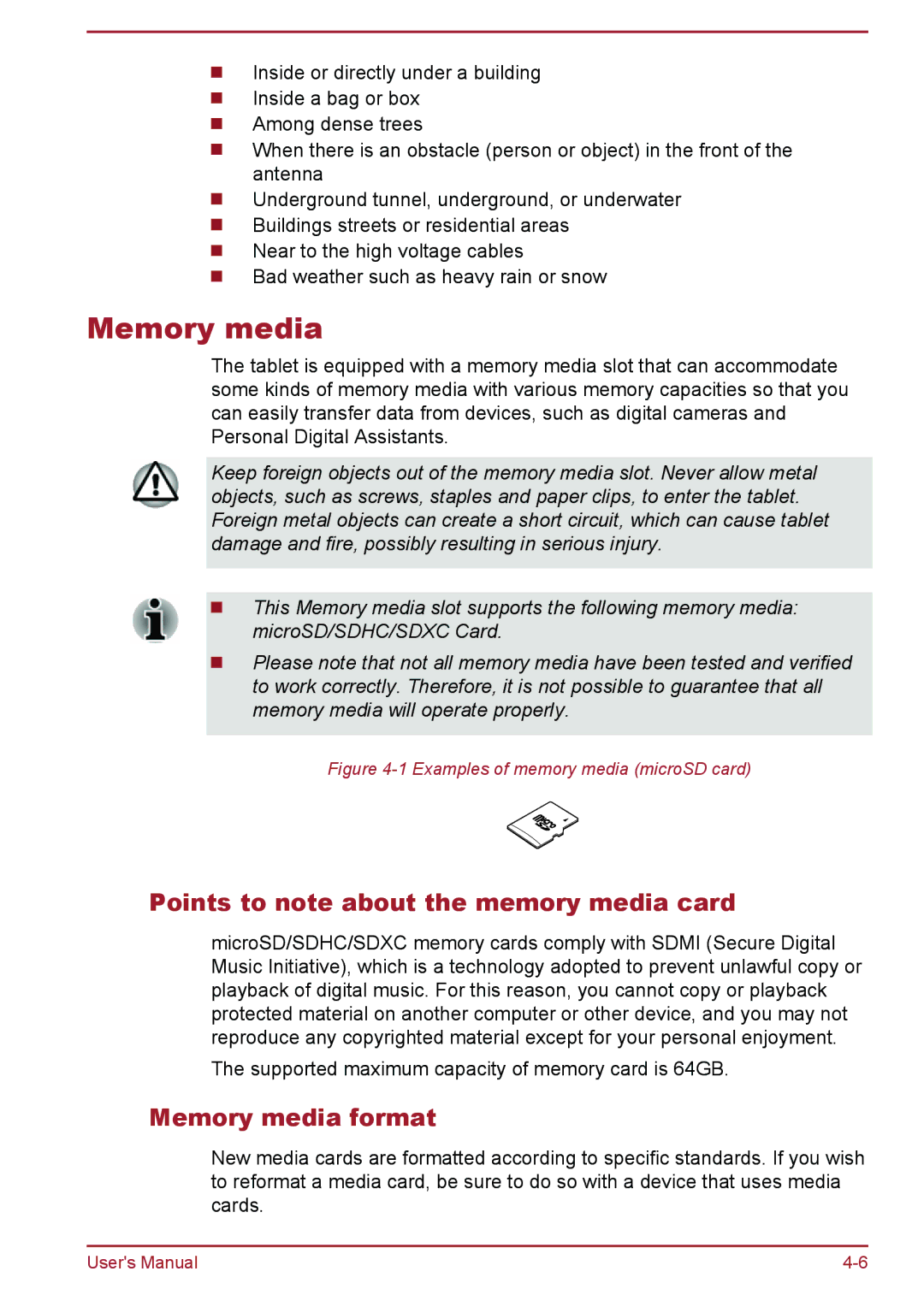 Toshiba WT8-A Series user manual Points to note about the memory media card, Memory media format 