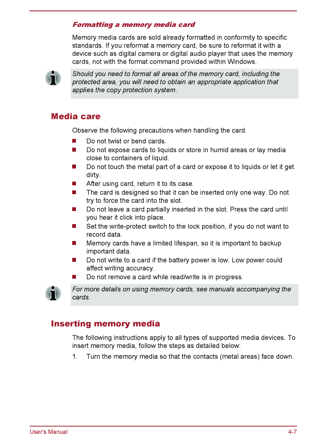 Toshiba WT8-A Series user manual Media care, Inserting memory media, Formatting a memory media card 