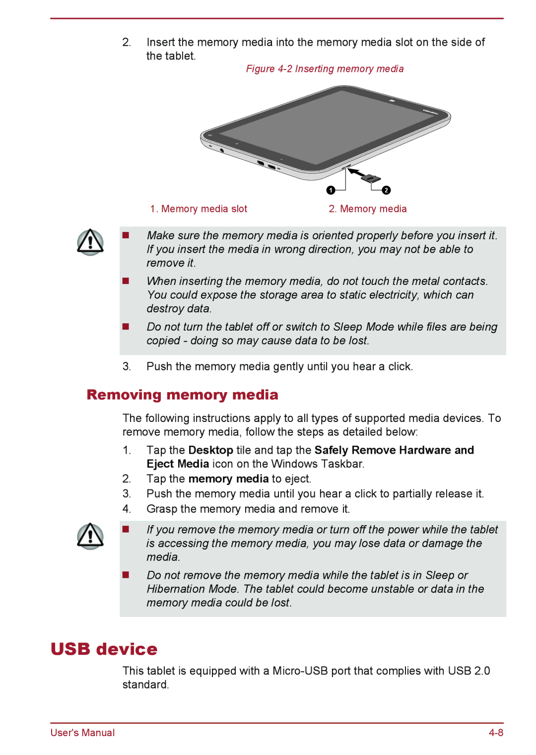 Toshiba WT8-A Series user manual USB device, Removing memory media 