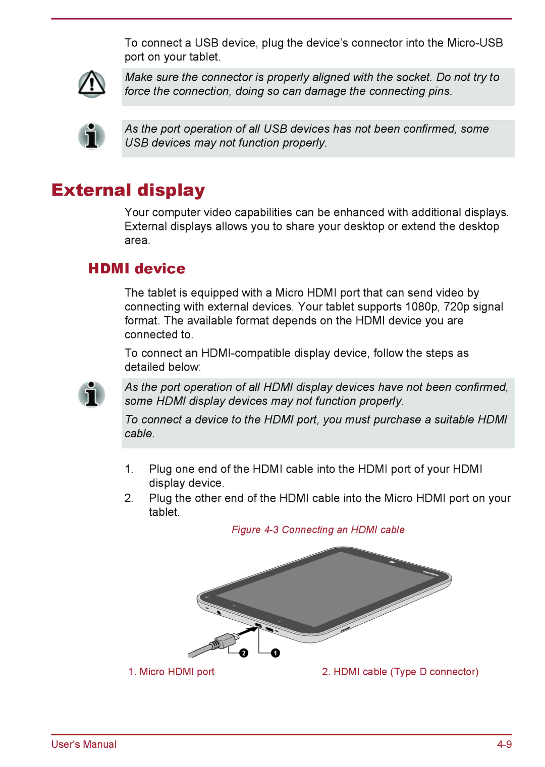 Toshiba WT8-A Series user manual External display, Hdmi device 