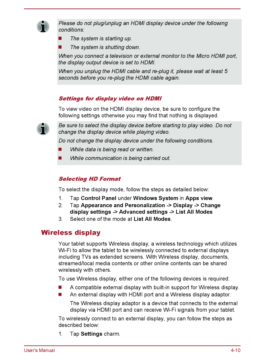 Toshiba WT8-A Series user manual Wireless display, Settings for display video on Hdmi, Selecting HD Format 