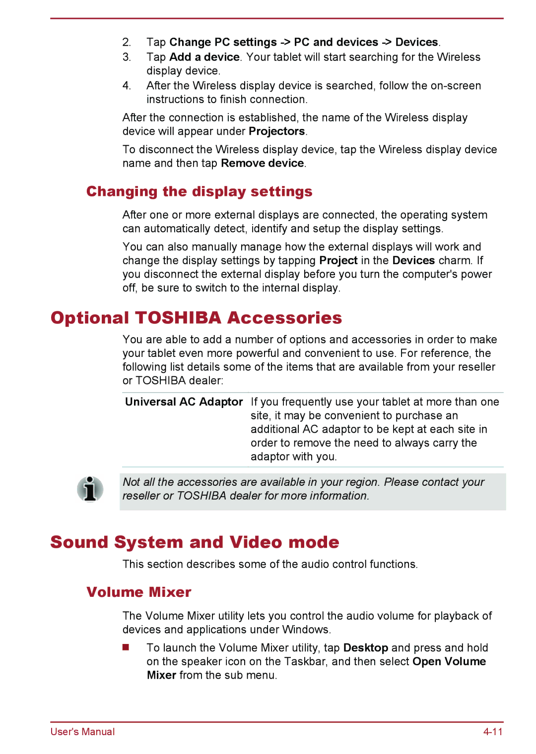 Toshiba WT8-A Series user manual Optional Toshiba Accessories, Sound System and Video mode, Changing the display settings 