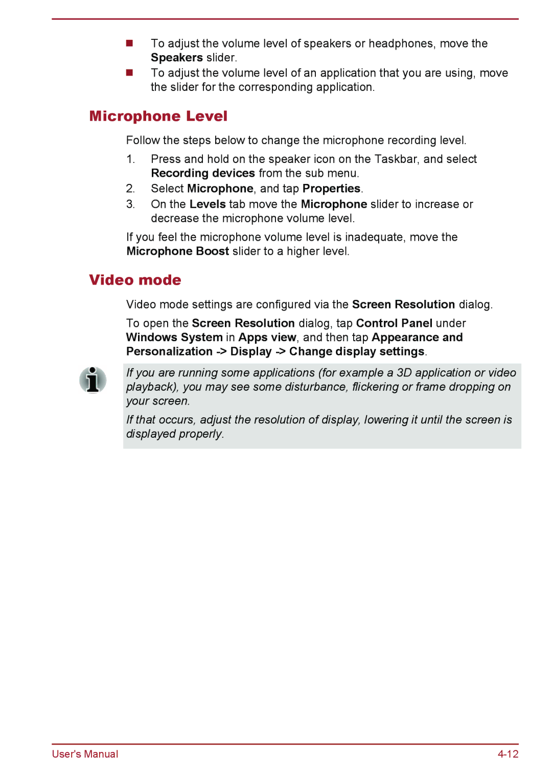 Toshiba WT8-A Series user manual Microphone Level, Video mode, Select Microphone, and tap Properties 