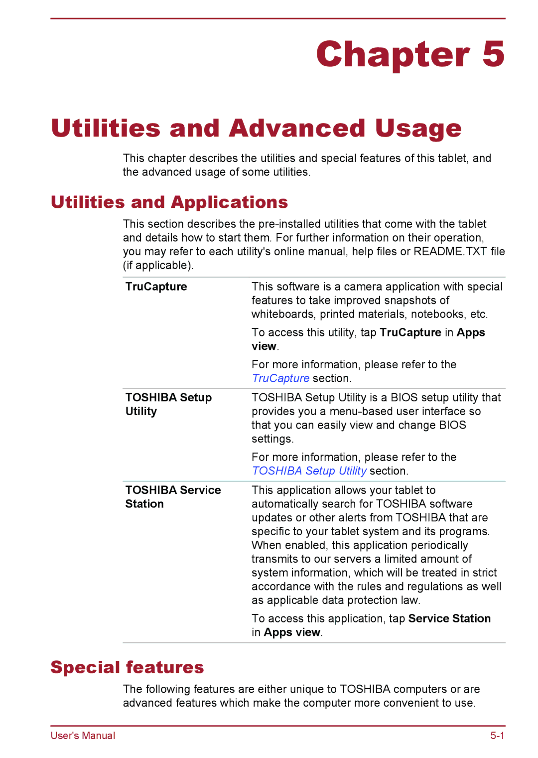 Toshiba WT8-A Series user manual Utilities and Advanced Usage, Utilities and Applications, Special features 