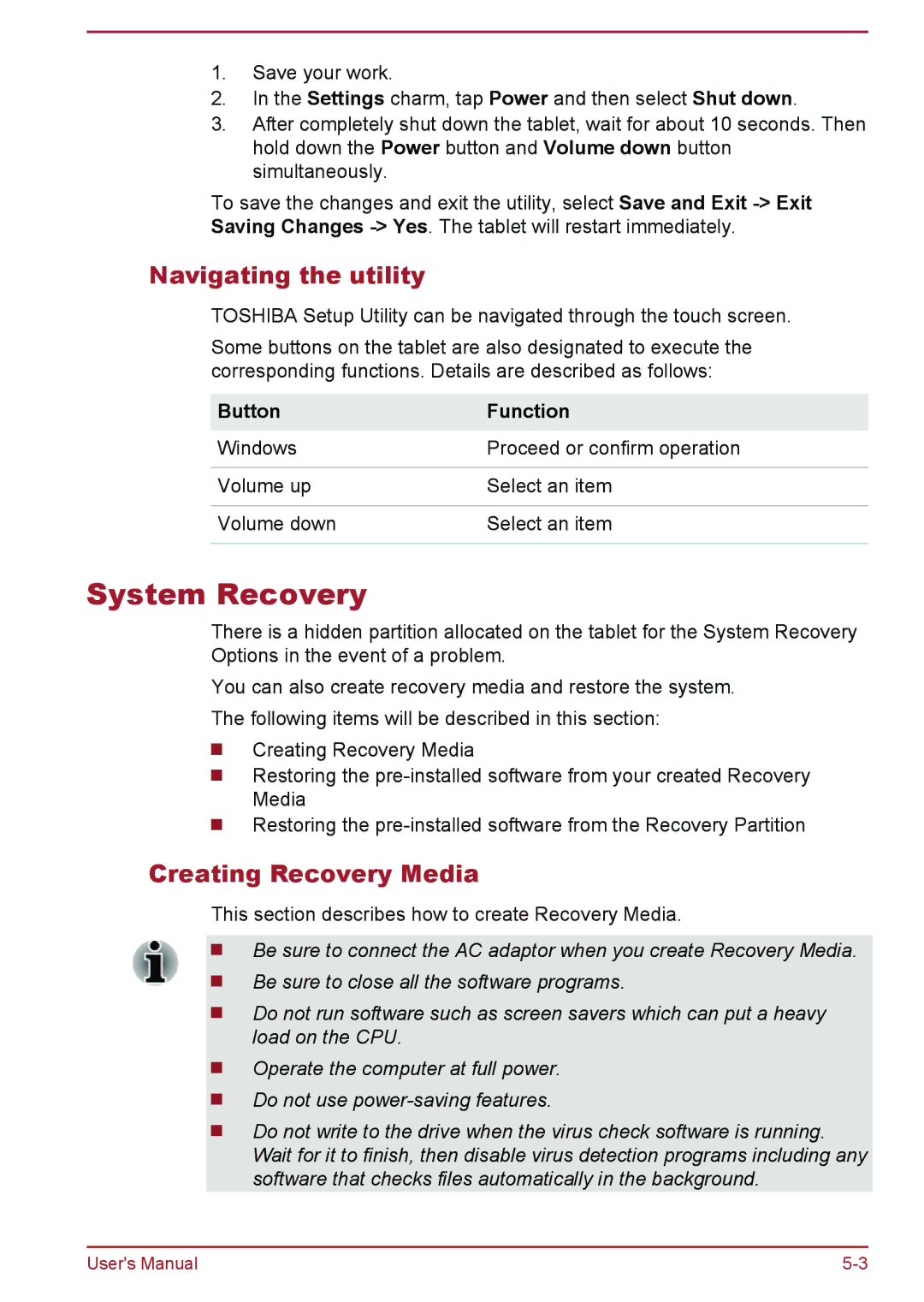 Toshiba WT8-A Series user manual System Recovery, Navigating the utility, Creating Recovery Media, Button Function 