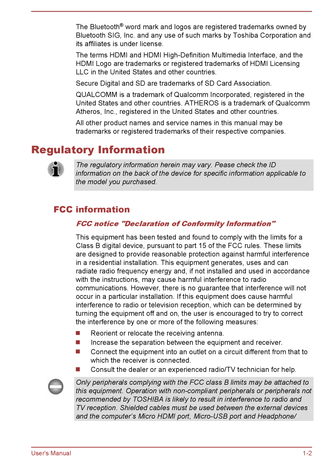 Toshiba WT8-A Series user manual Regulatory Information, FCC information, FCC notice Declaration of Conformity Information 