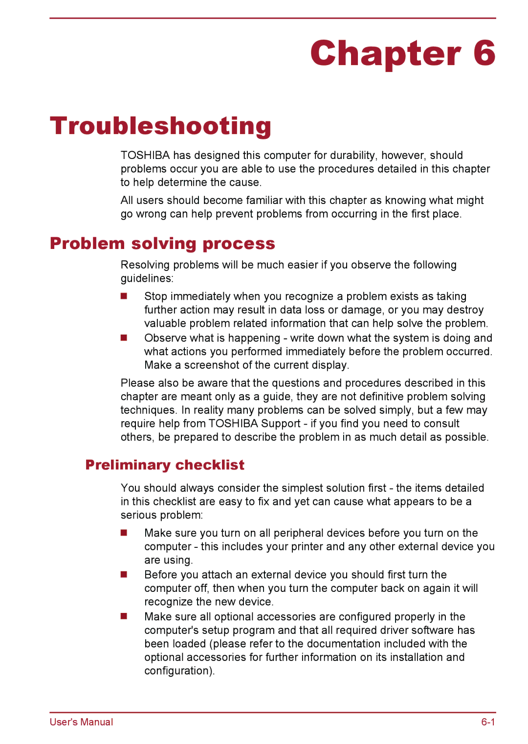 Toshiba WT8-A Series user manual Troubleshooting, Problem solving process, Preliminary checklist 