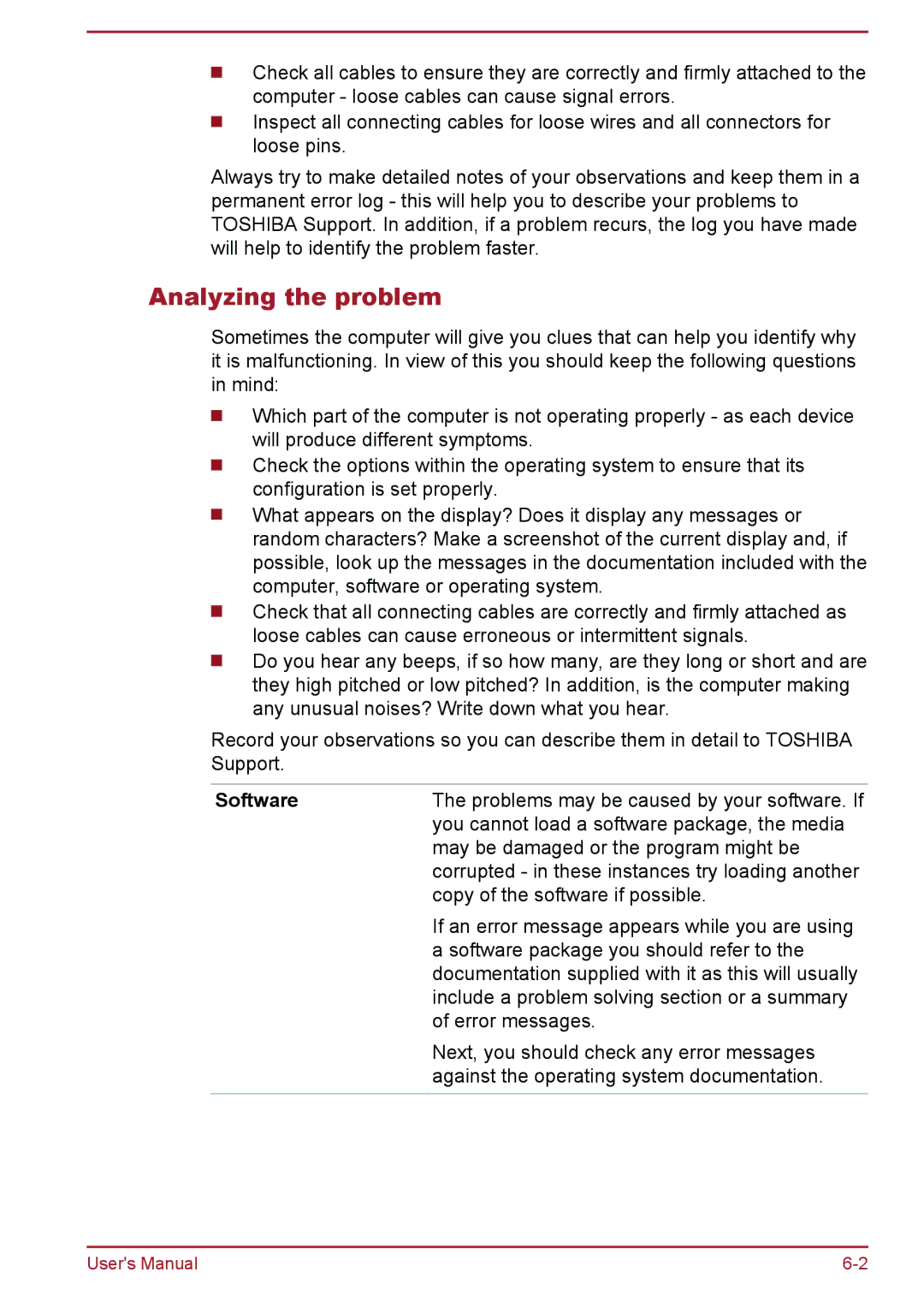 Toshiba WT8-A Series user manual Analyzing the problem, Software 