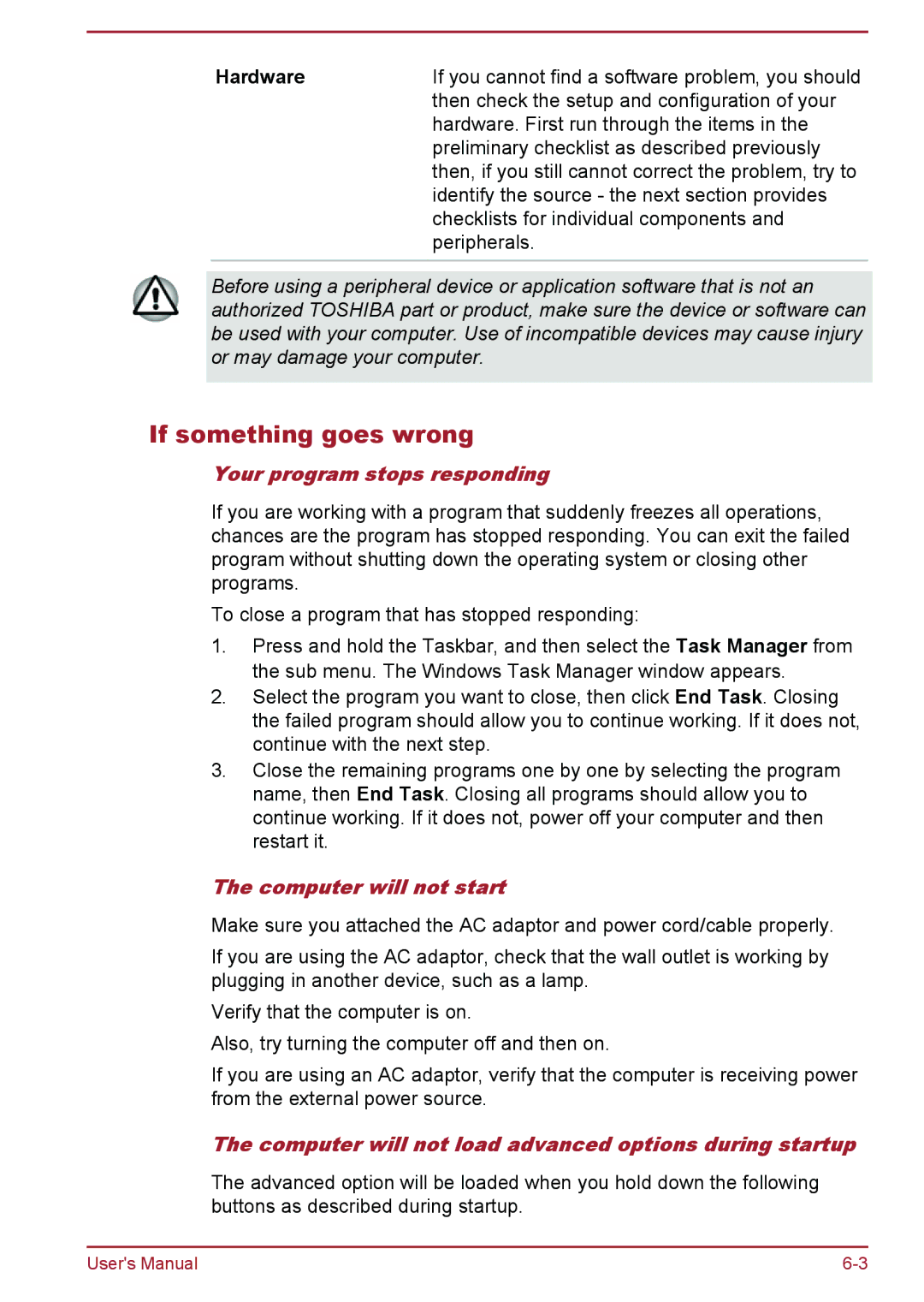 Toshiba WT8-A Series user manual If something goes wrong, Hardware, Your program stops responding, Computer will not start 