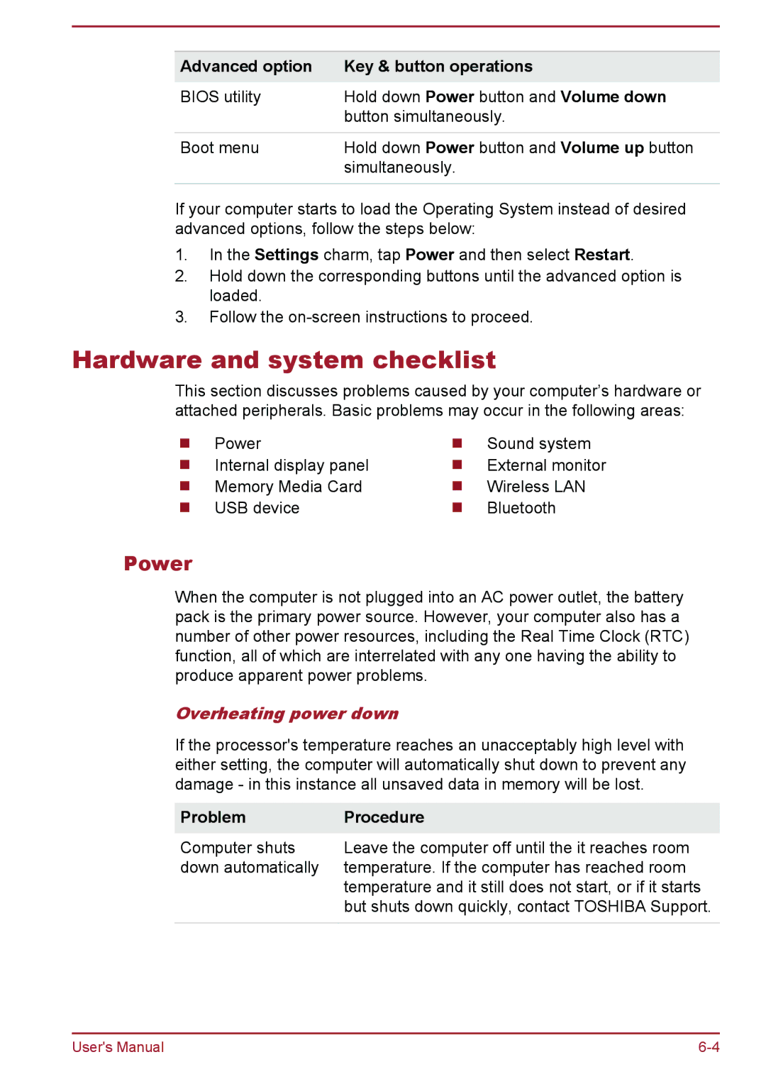 Toshiba WT8-A Series Hardware and system checklist, Power, Advanced option Key & button operations, Overheating power down 