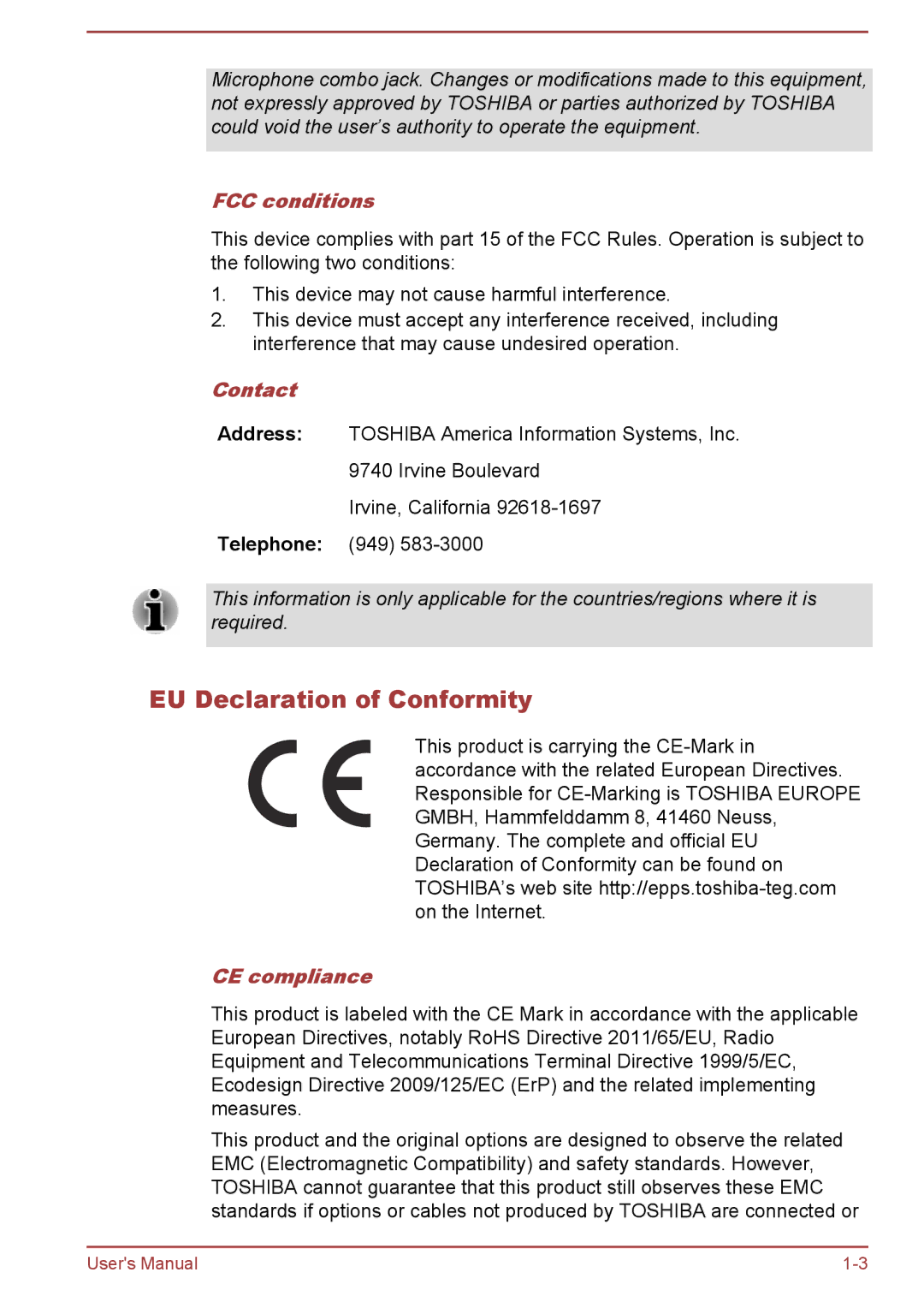 Toshiba WT8-A Series user manual EU Declaration of Conformity, FCC conditions, Contact, CE compliance 