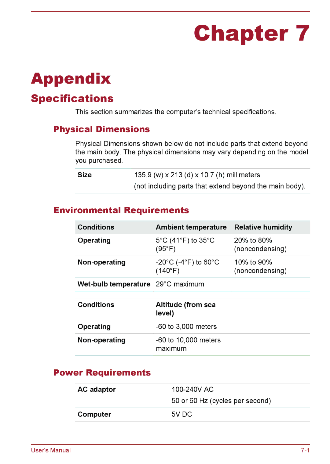 Toshiba WT8-A Series Appendix, Specifications, Physical Dimensions, Environmental Requirements, Power Requirements 