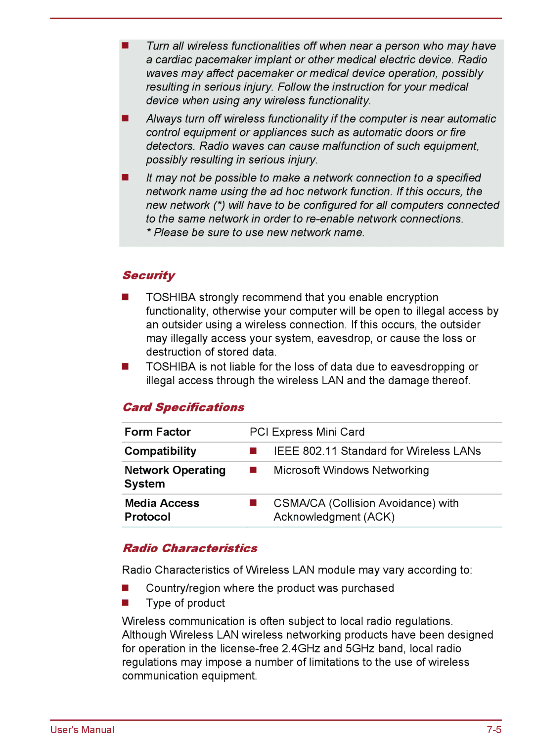 Toshiba WT8-A Series user manual Security, Card Specifications, Radio Characteristics 