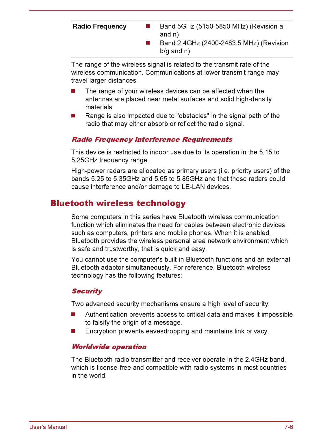 Toshiba WT8-A Series Bluetooth wireless technology, Radio Frequency Interference Requirements, Worldwide operation 