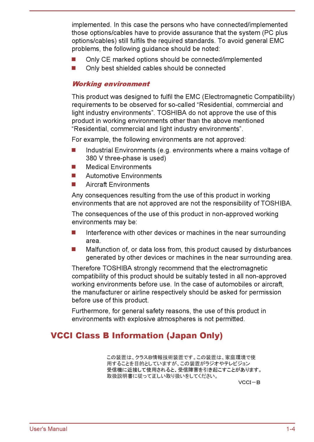 Toshiba WT8-A Series user manual Vcci Class B Information Japan Only, Working environment 