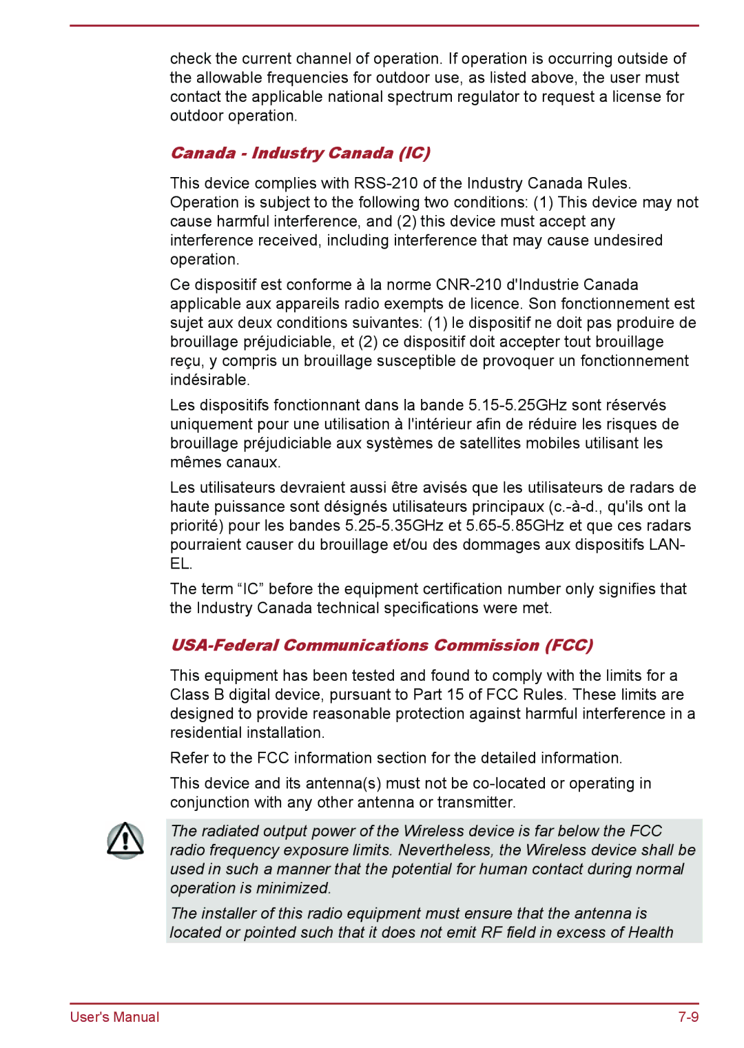 Toshiba WT8-A Series user manual Canada Industry Canada IC, USA-Federal Communications Commission FCC 