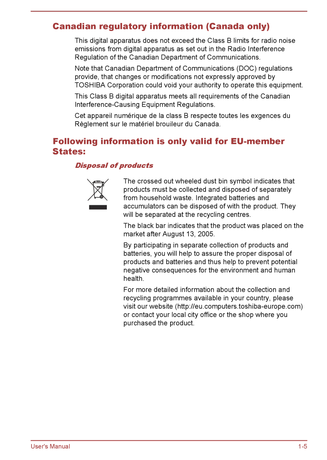 Toshiba WT8-A Series Canadian regulatory information Canada only, Following information is only valid for EU-member States 