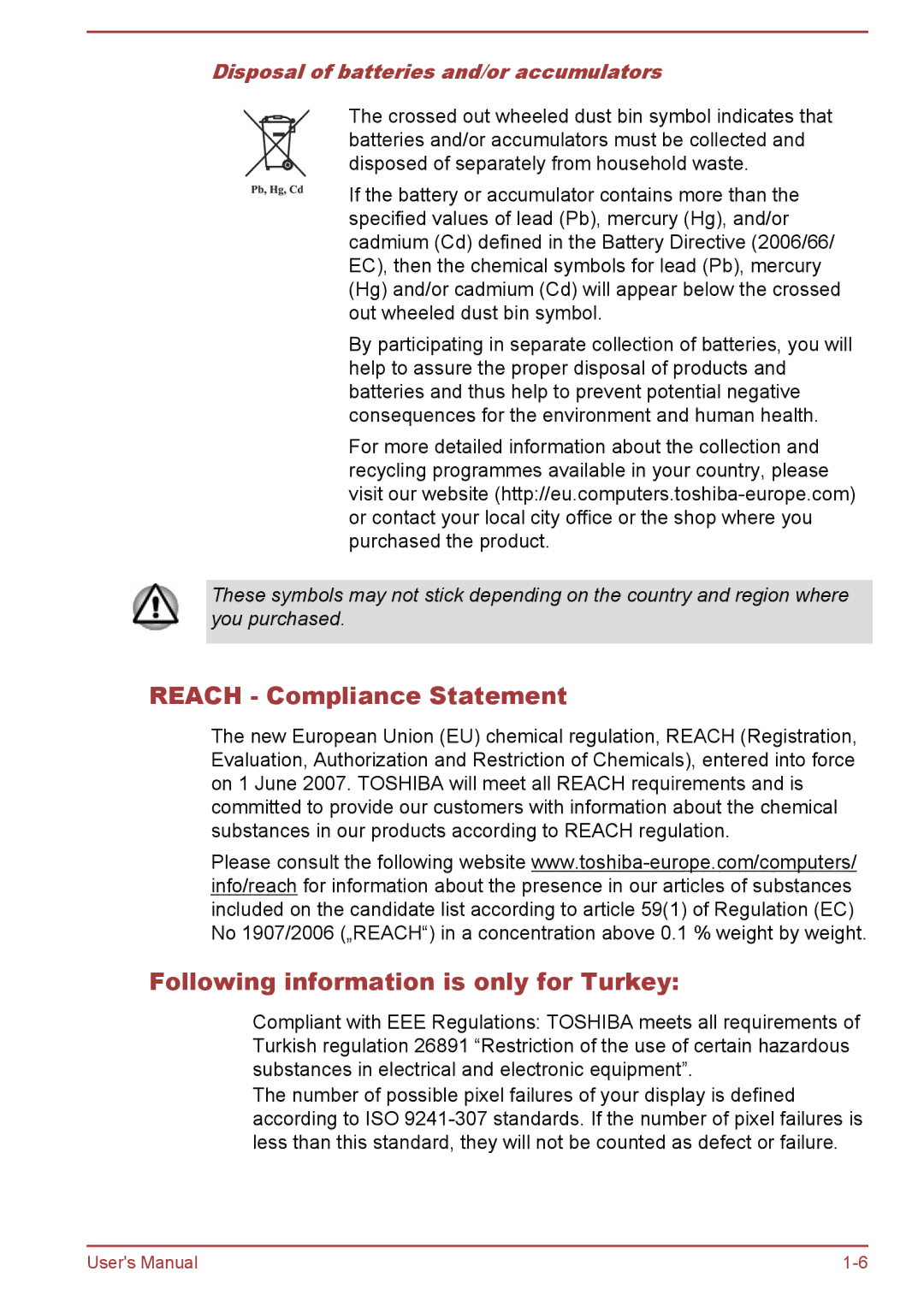 Toshiba WT8-A Series user manual Reach Compliance Statement, Following information is only for Turkey 