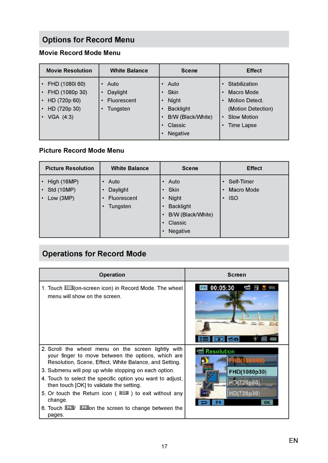 Toshiba X100 Movie Record Mode Menu, Picture Record Mode Menu, Movie Resolution White Balance Scene Effect, Operation 