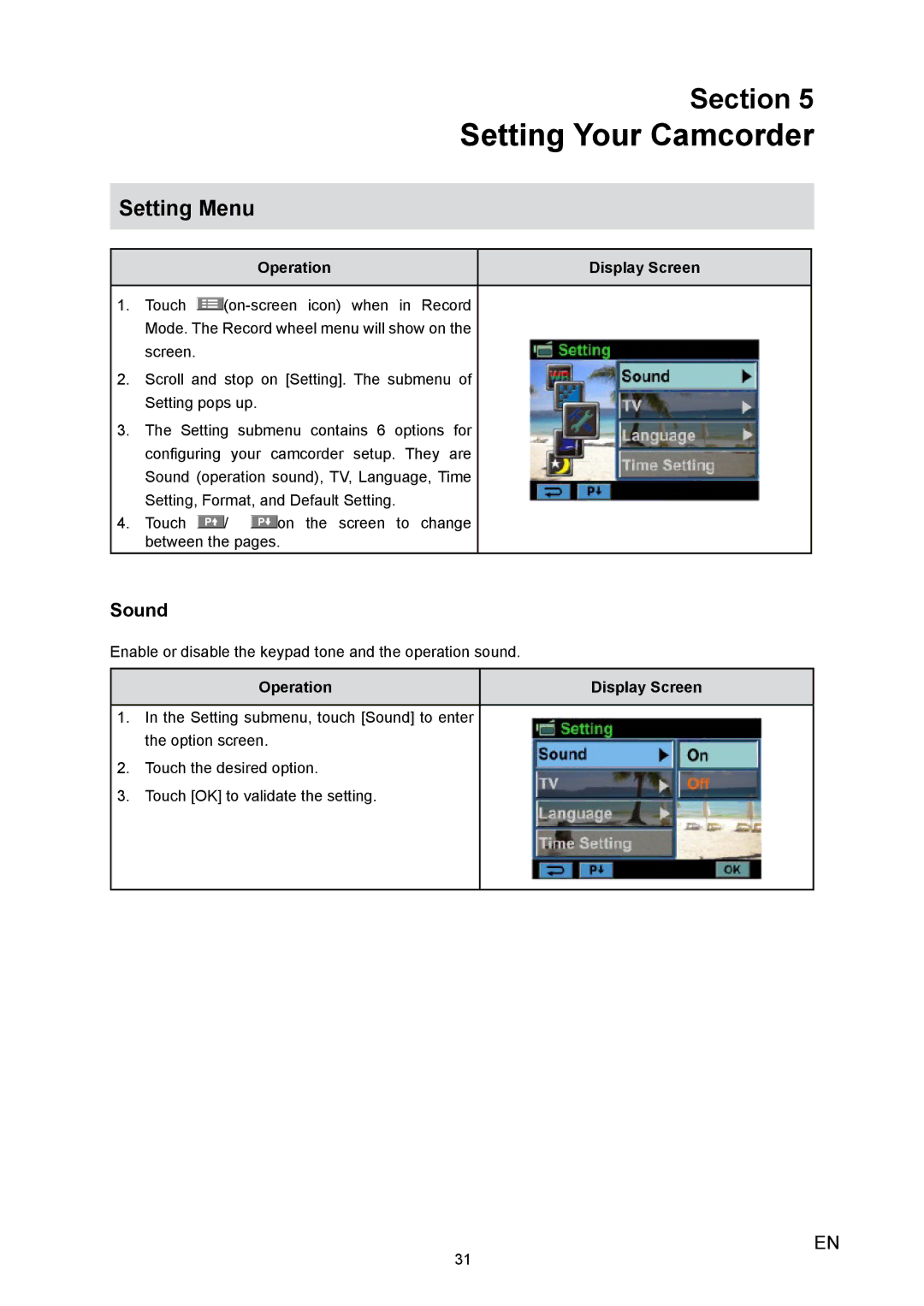 Toshiba X100 user manual Setting Your Camcorder, Setting Menu, Sound 