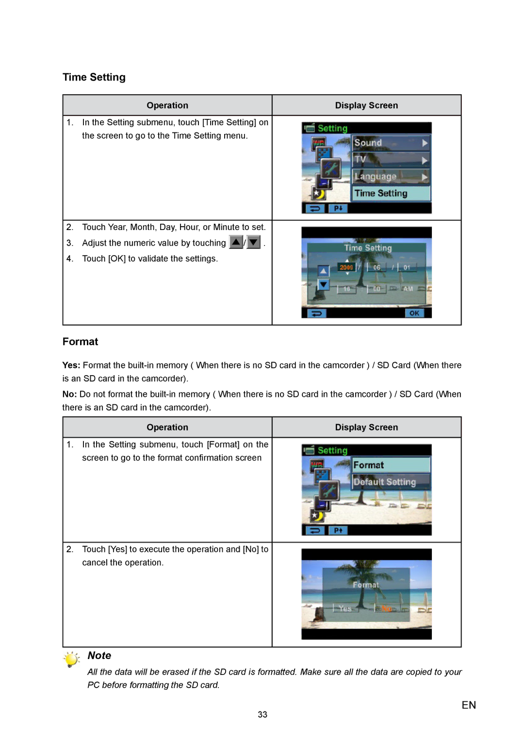 Toshiba X100 user manual Time Setting, Format 