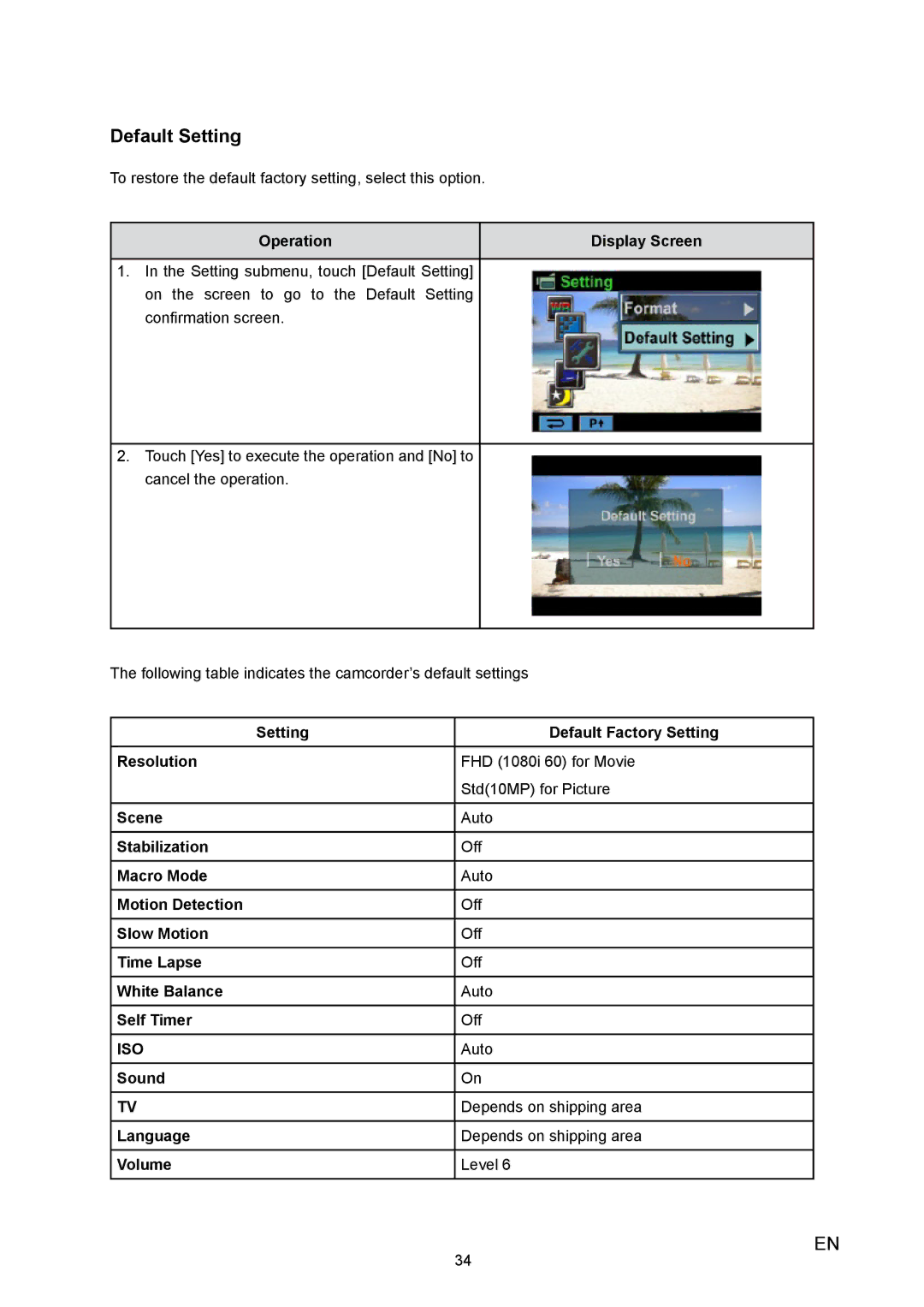 Toshiba X100 user manual Default Setting, Sound Depends on shipping area Language Volume Level 