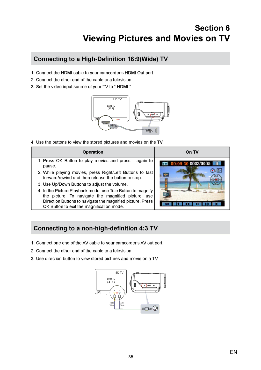 Toshiba X100 user manual Viewing Pictures and Movies on TV, Connecting to a High-Definition 169Wide TV, Operation On TV 