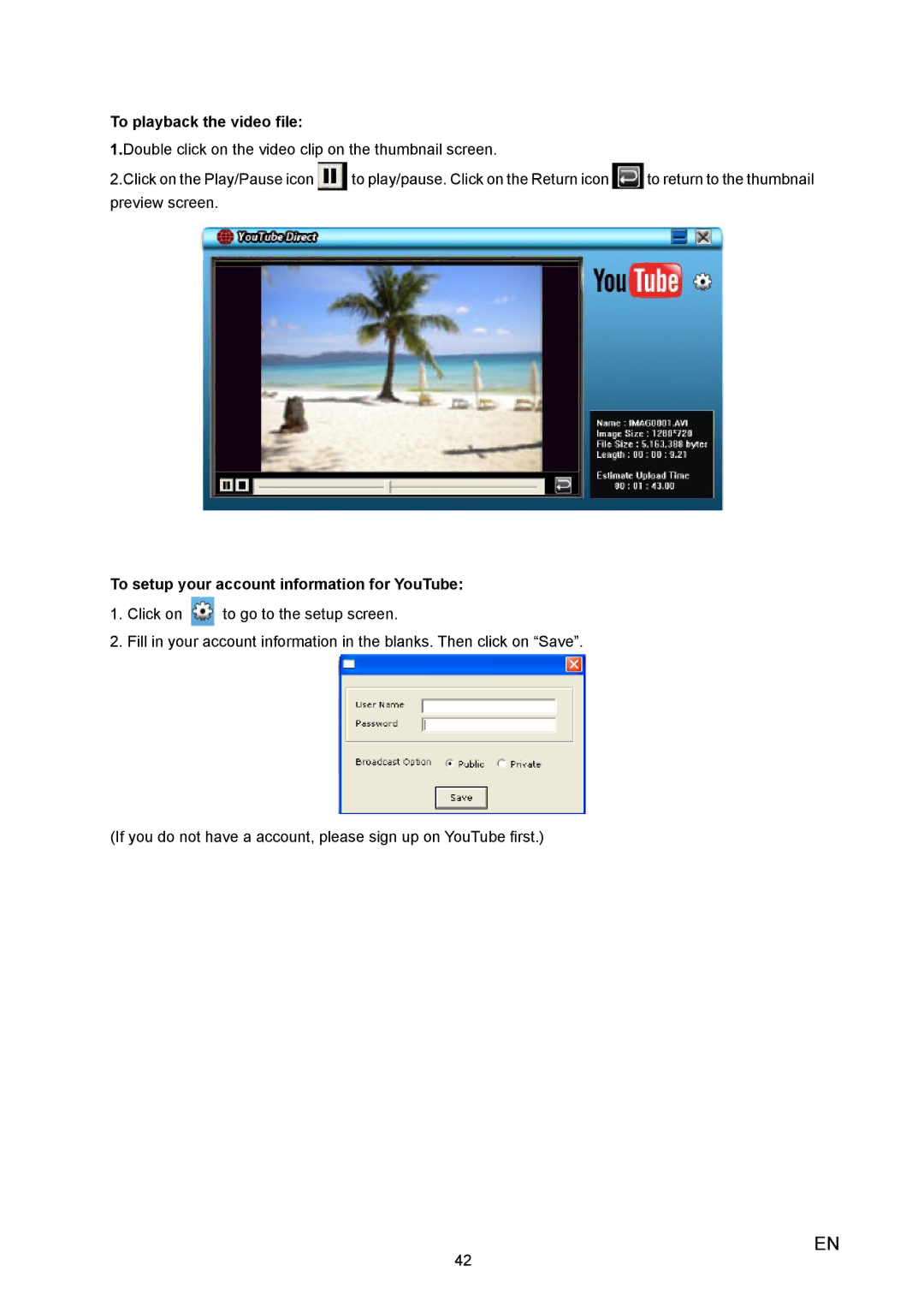 Toshiba X100 user manual To playback the video file, To setup your account information for YouTube 