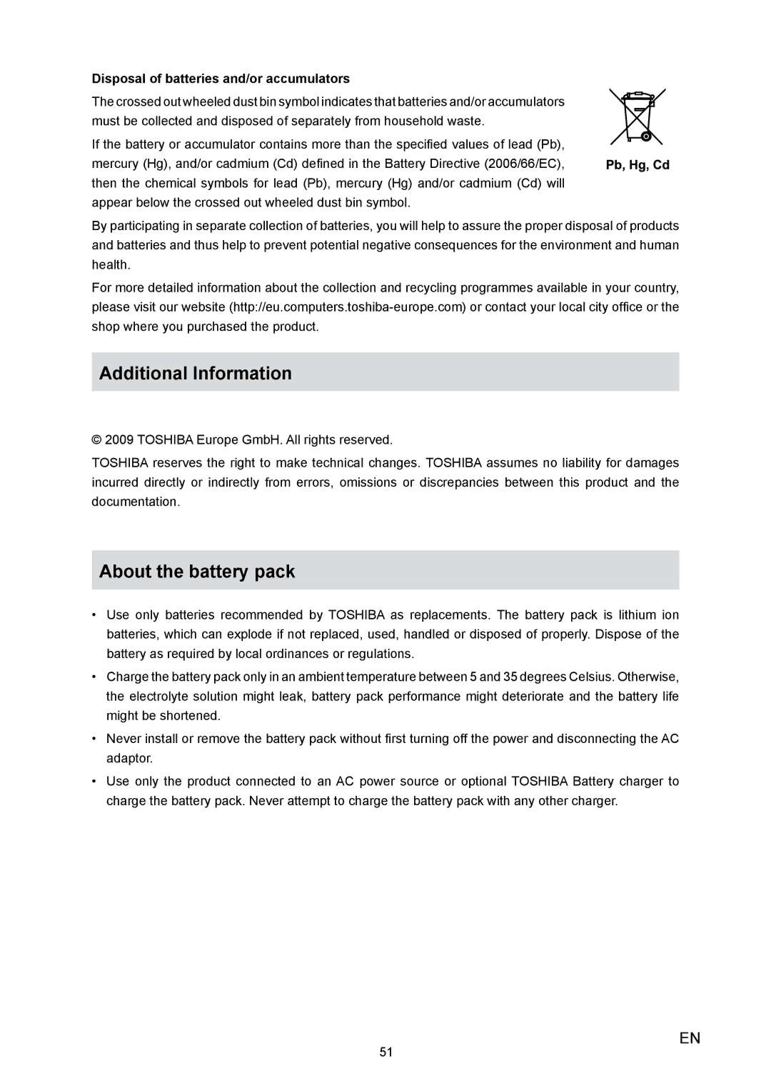 Toshiba X100 user manual Additional Information, Disposal of batteries and/or accumulators 