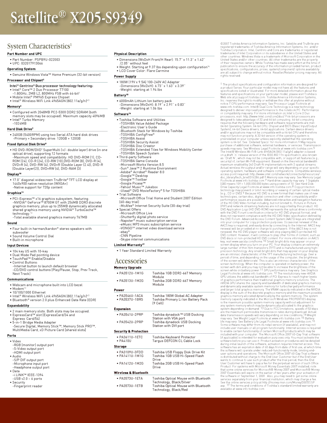 Toshiba X205-S9349 Part Number and UPC, Operating System, Memory6, Hard Disk Drive7, Fixed Optical Disk Drive8, Display10 