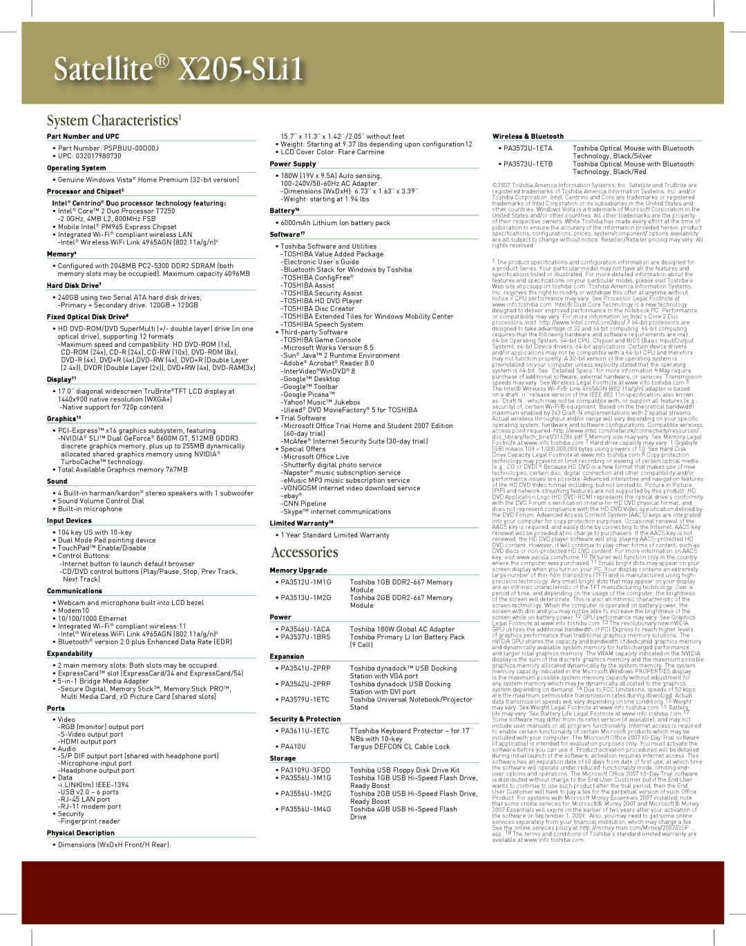 Toshiba X205-SLi1 Part Number and UPC, Operating System, Memory6, Hard Disk Drive7, Fixed Optical Disk Drive8, Display11 