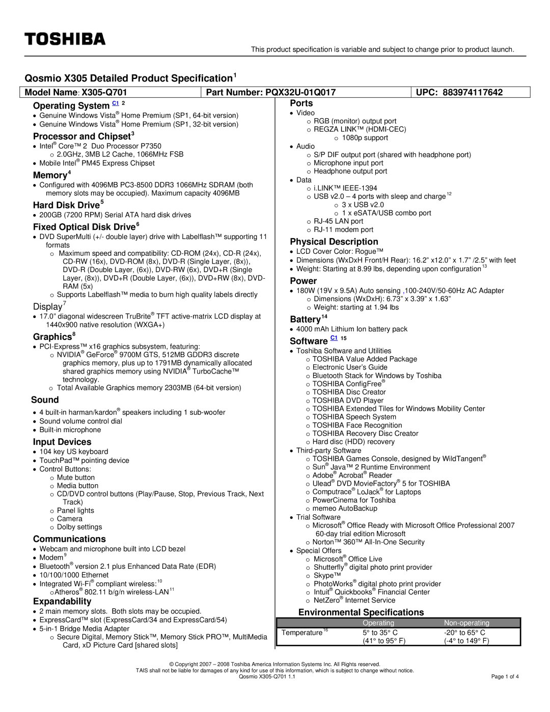 Toshiba X305-Q701 specifications Qosmio X305 Detailed Product Specification1 