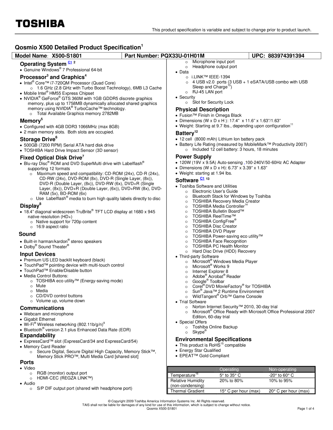 Toshiba X500-S1801 specifications Qosmio X500 Detailed Product Specification1 