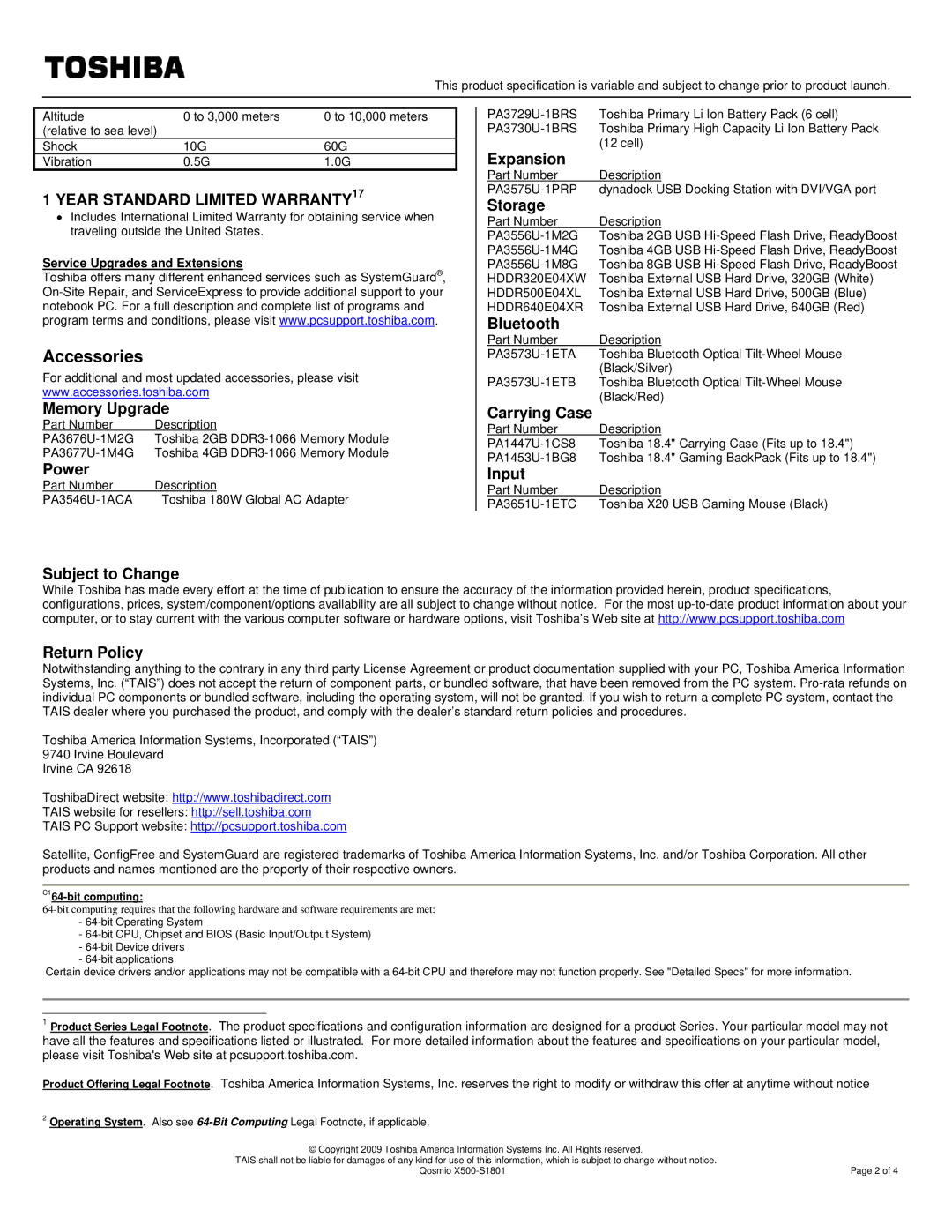 Toshiba X500-S1801 specifications Accessories 