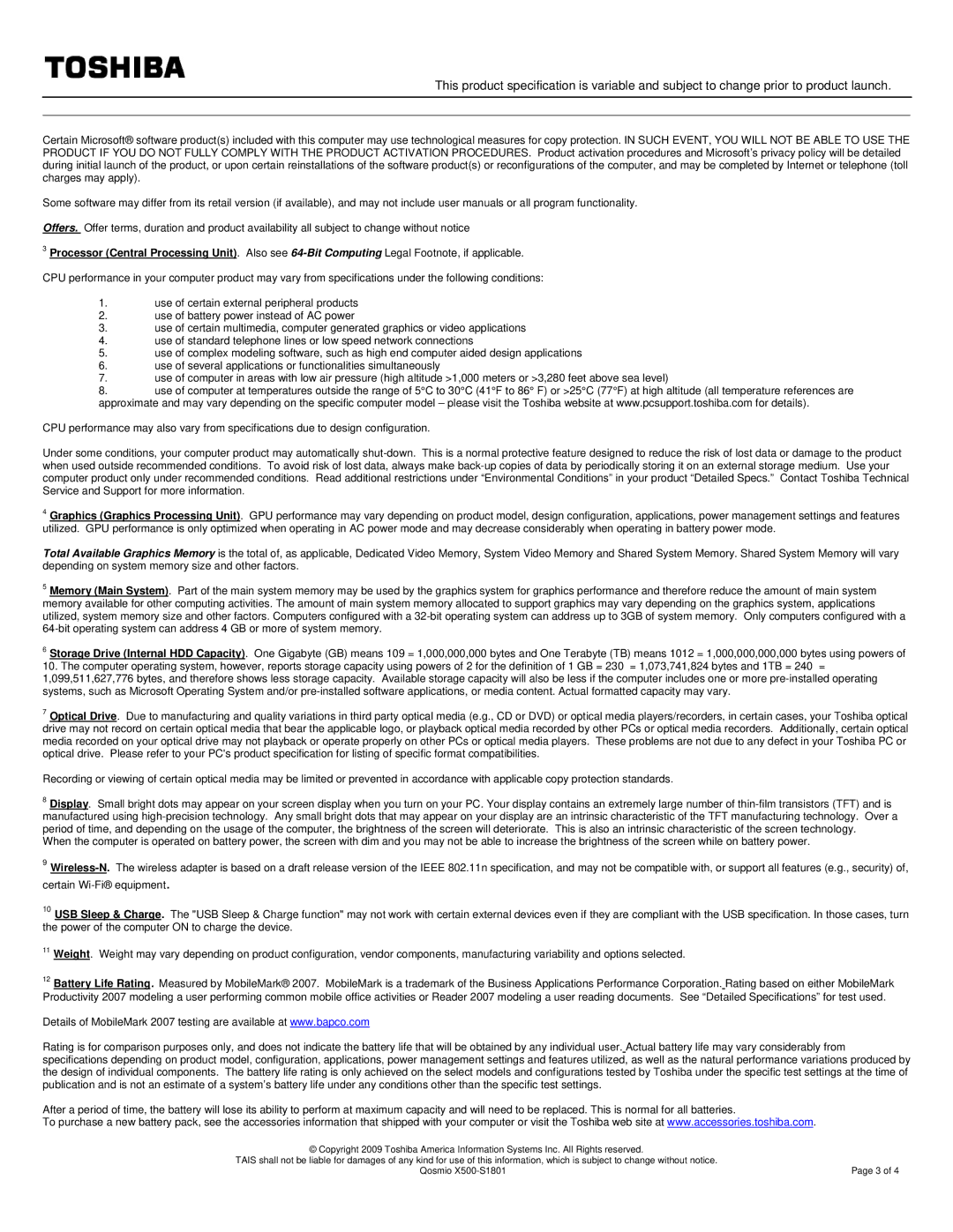 Toshiba X500-S1801 specifications 