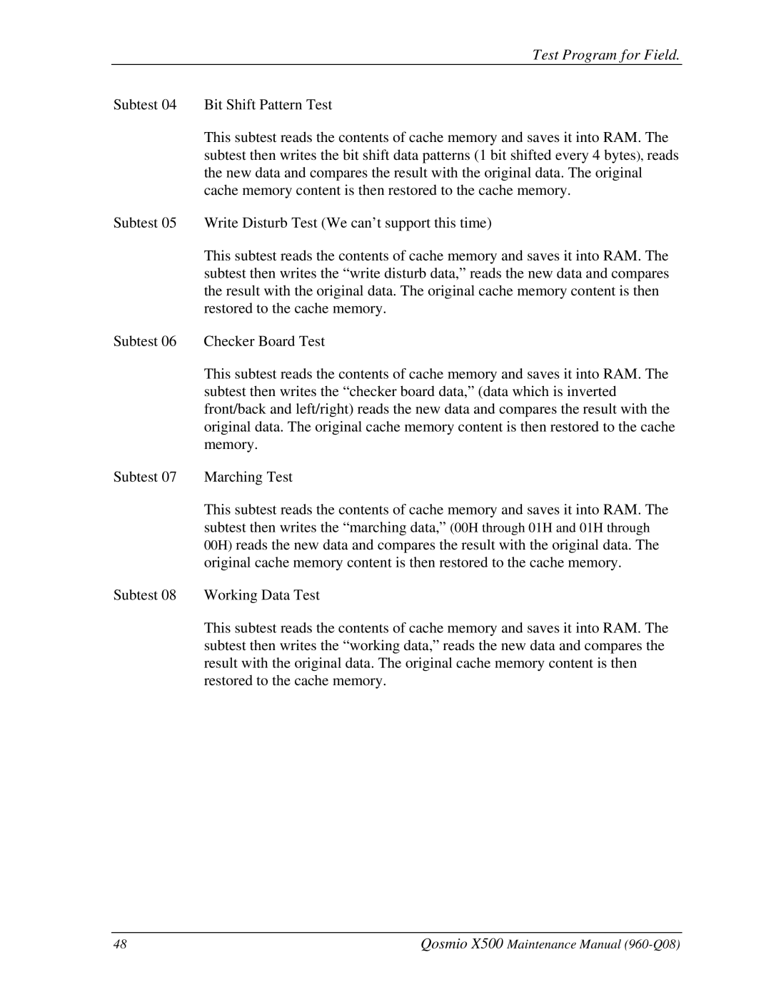 Toshiba X500 manual Test Program for Field 