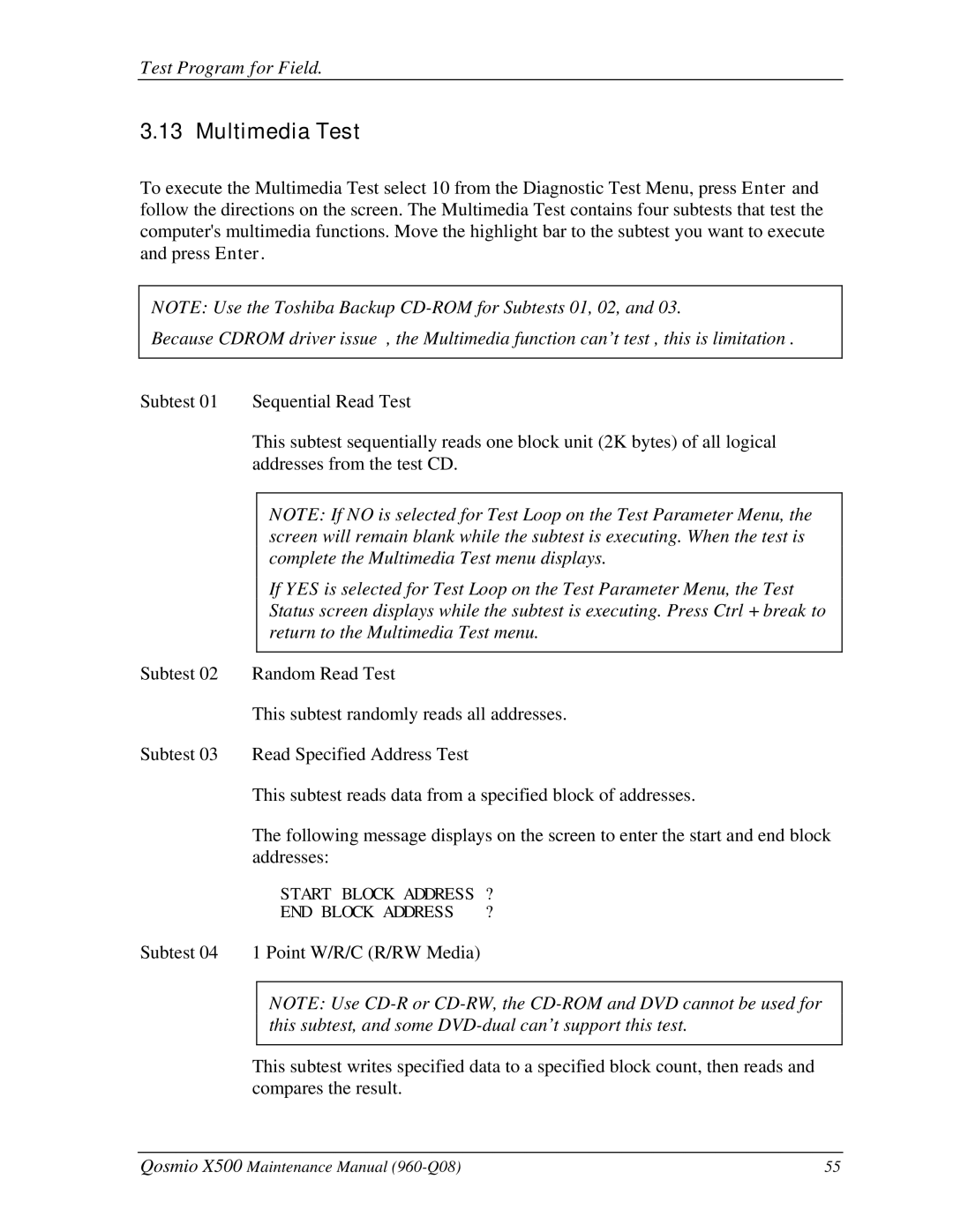 Toshiba X500 manual Multimedia Test 