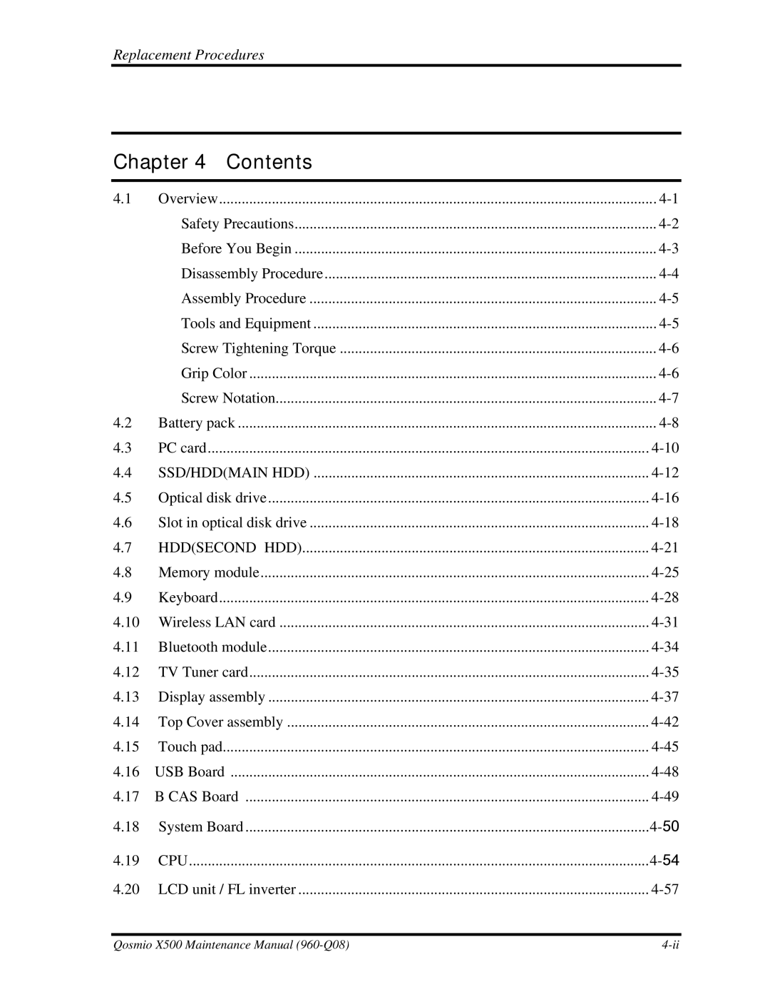 Toshiba X500 manual Contents 