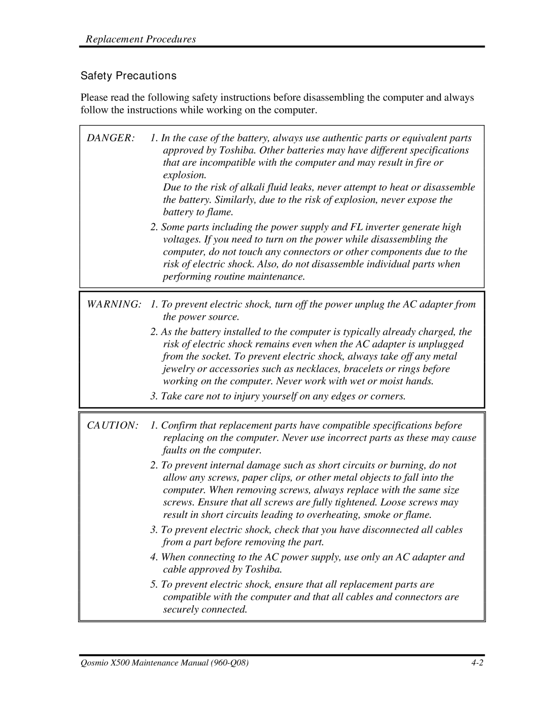 Toshiba X500 manual Safety Precautions 