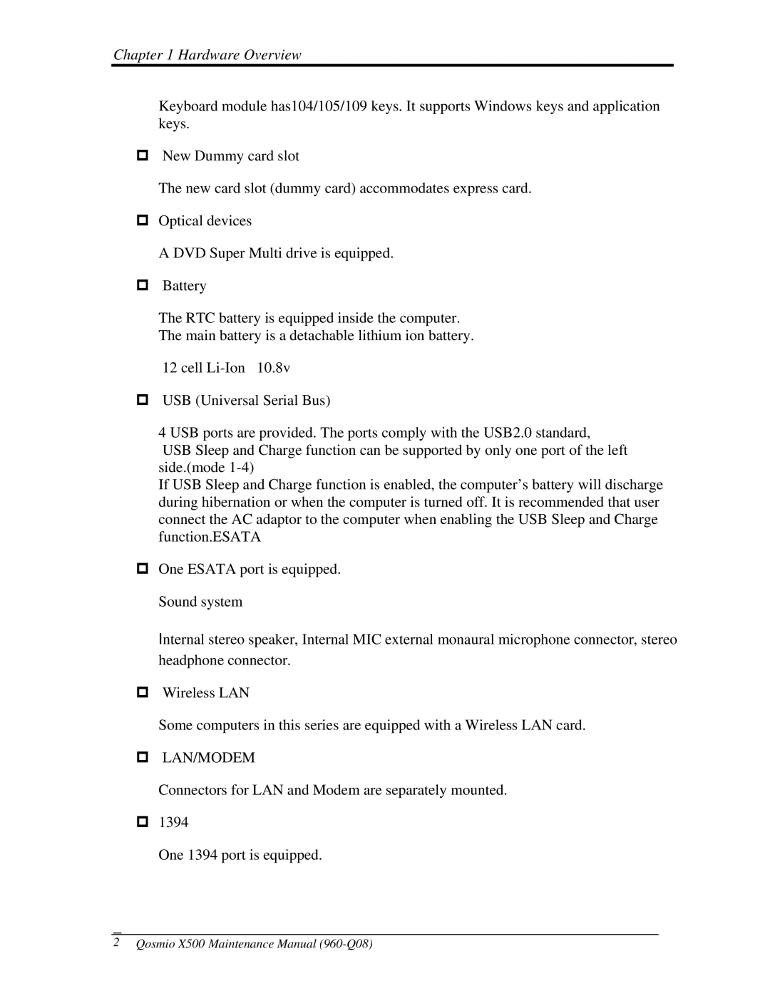 Toshiba X500 manual  Lan/Modem 