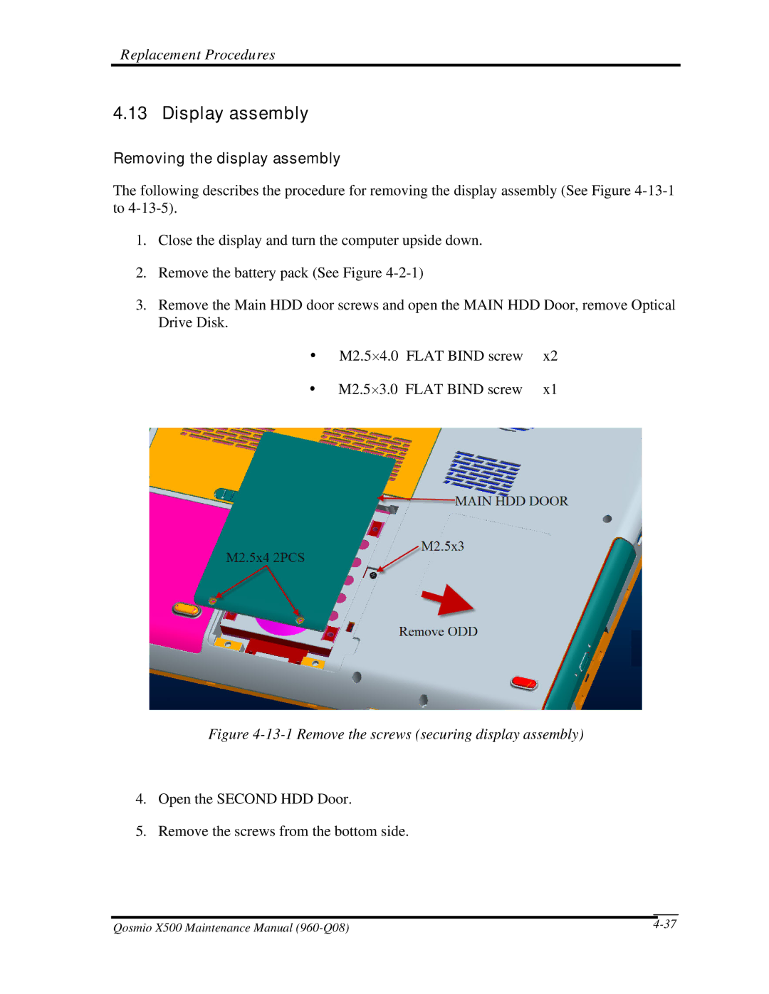 Toshiba X500 manual Display assembly, Removing the display assembly 