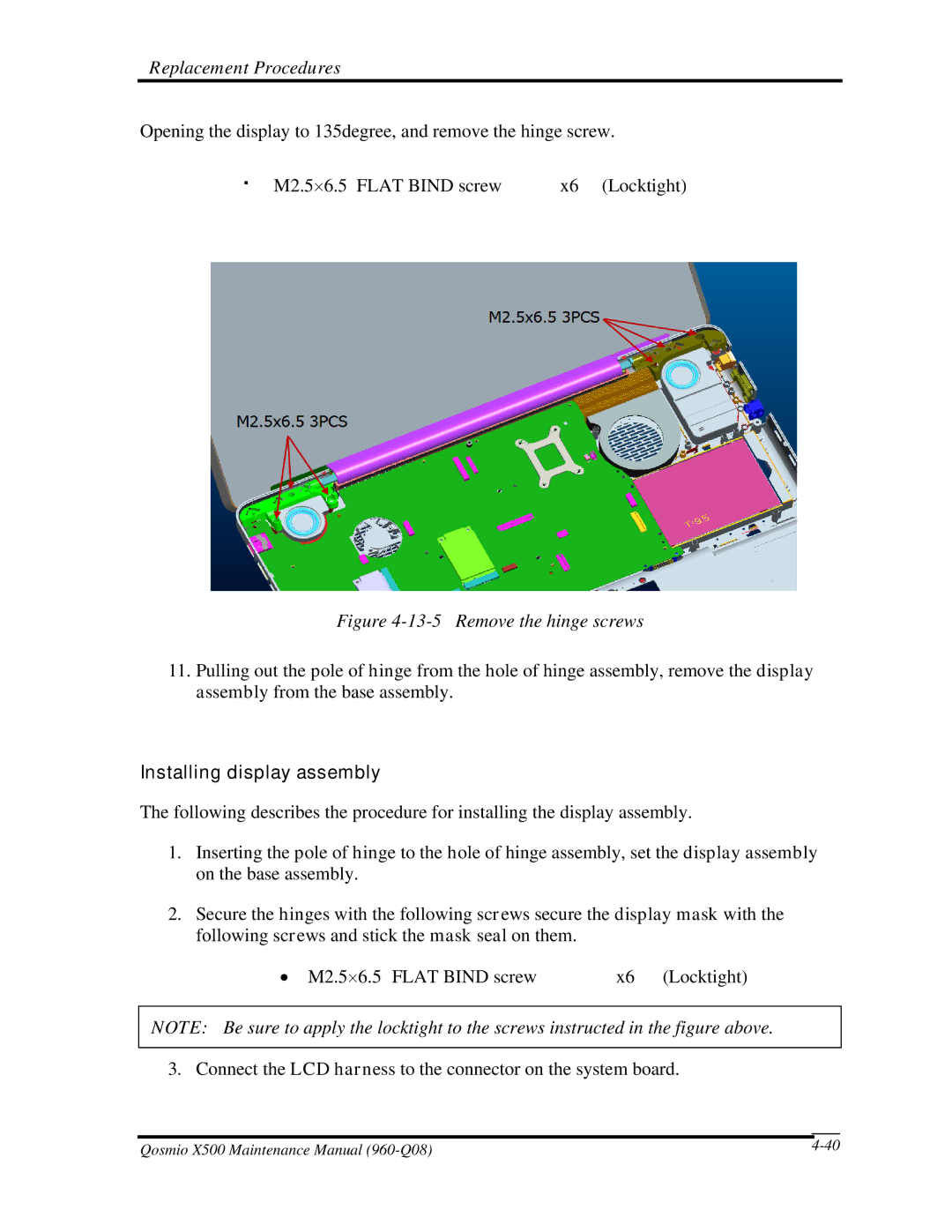 Toshiba X500 manual Remove the hinge screws, Installing display assembly 