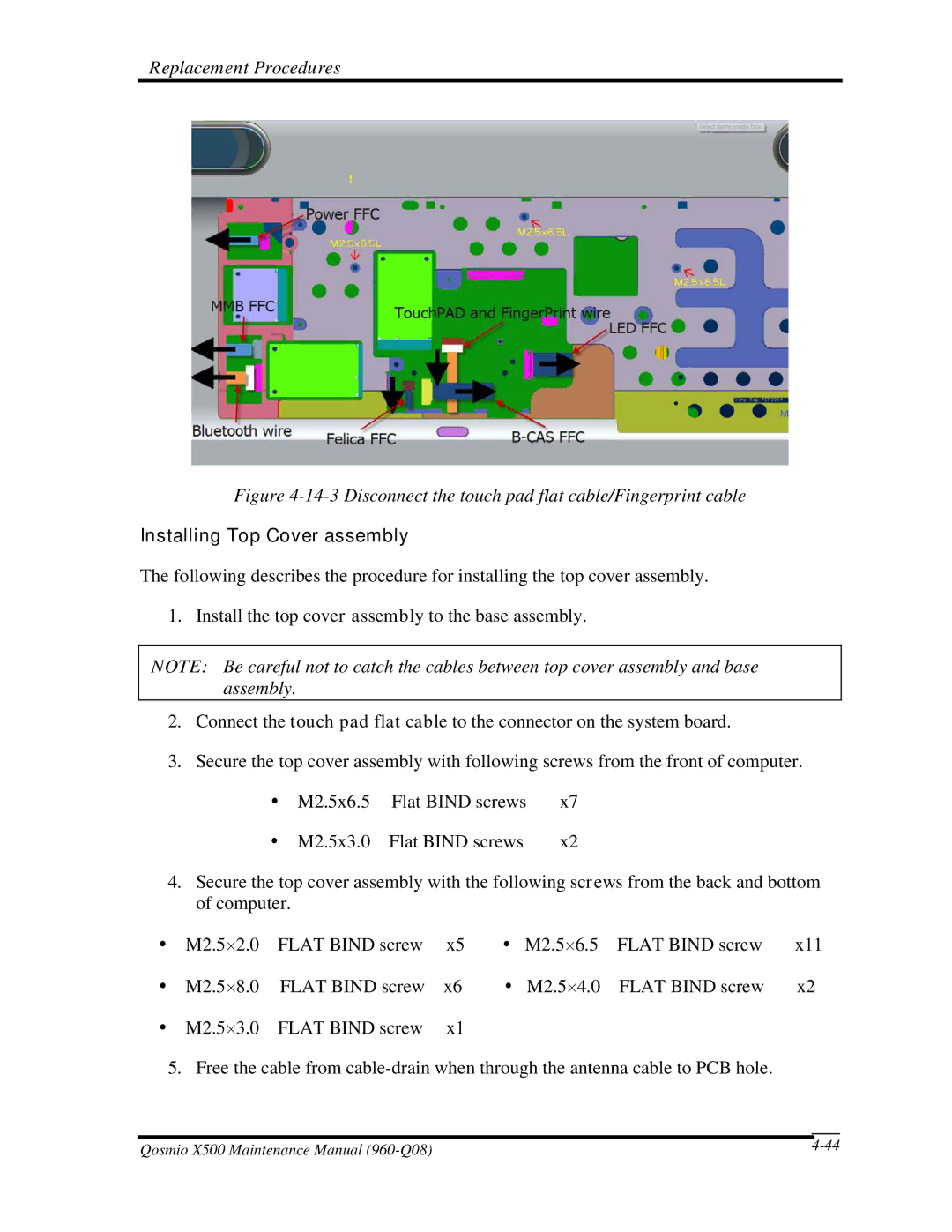 Toshiba X500 manual Disconnect the touch pad flat cable/Fingerprint cable, Installing Top Cover assembly 