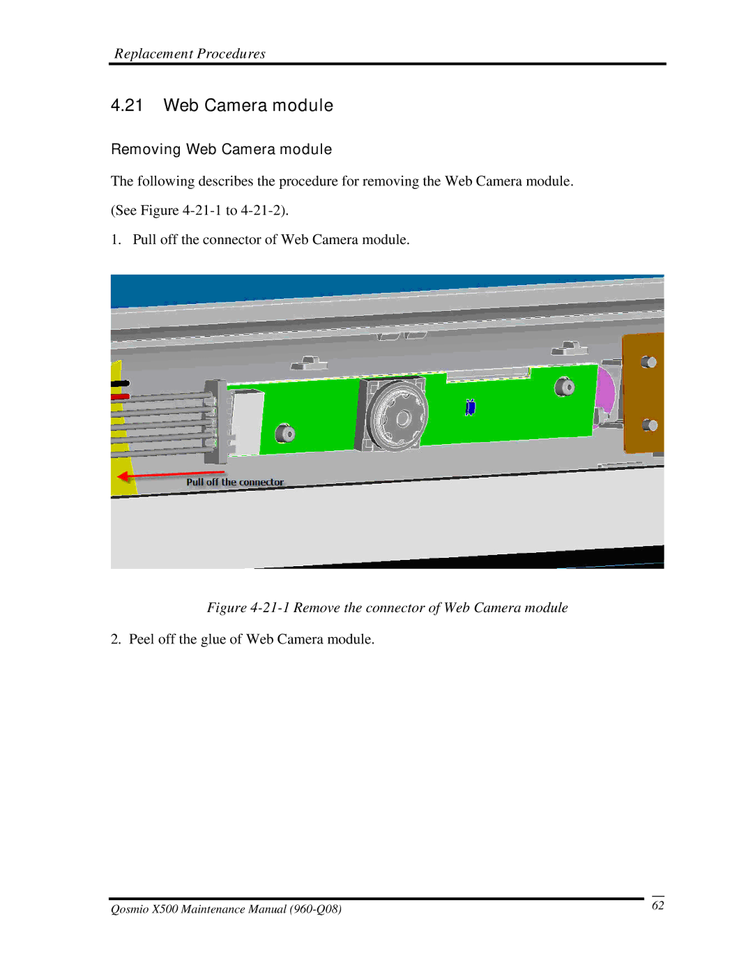 Toshiba X500 manual Removing Web Camera module 