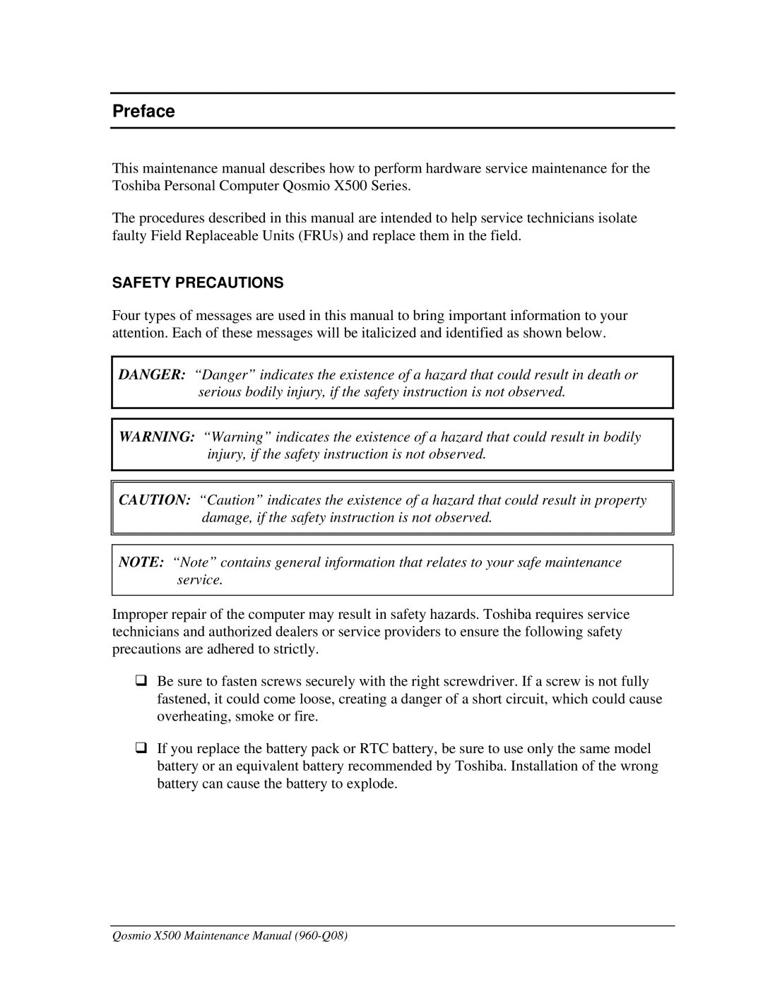 Toshiba X500 manual Preface, Safety Precautions 