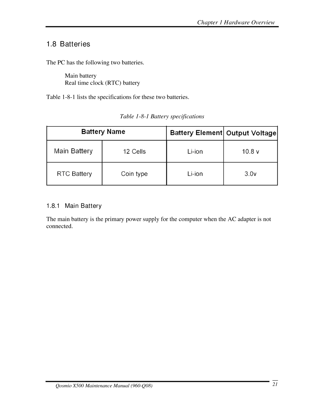 Toshiba X500 manual Batteries, Battery specifications, Main Battery 